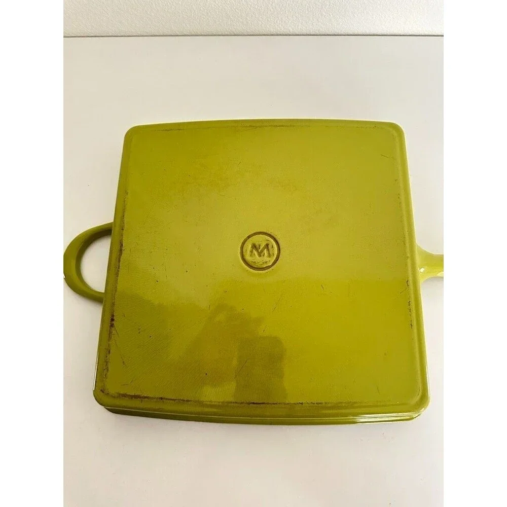 11” Mario Batali Green Enameled Cast Iron Grill Pan Panini Press with Lid Logo